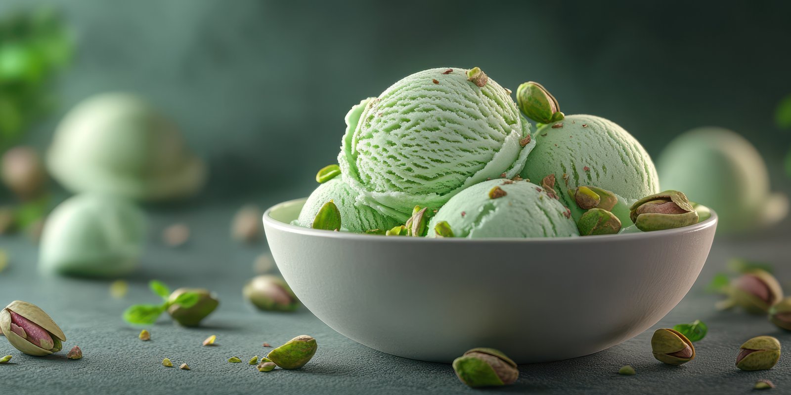 Delicious pistachio ice cream served with nuts in a white bowl on a dark rustic table